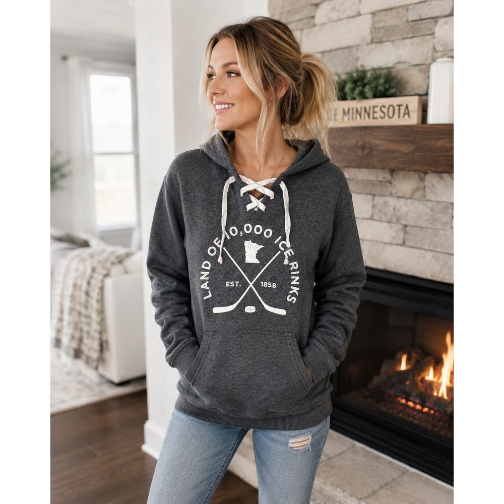 J America Minnesota Land of 10000 Ice Rinks Lace Up Hockey Hoodie Gray Medium